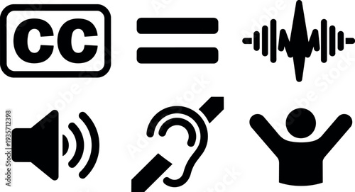 Flat design accessibility icon set close up caption equalizer waveform speaker ear mute person raised arms black vector silhouette