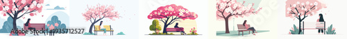 vector woman sitting on a park bench under a pink cherry blossom tree