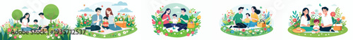 vector happy family having a simple picnic in spring