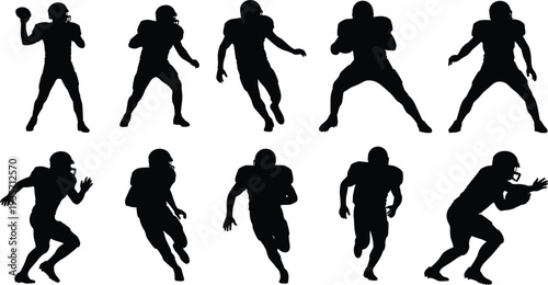 Black silhouette vector illustration of American football players in dynamic action poses including running, throwing, catching, blocking, and game stances