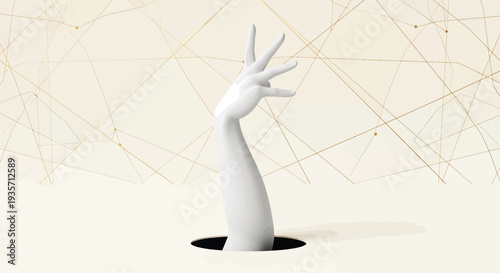 White 3D hand reaching out of a hole with abstract lines background