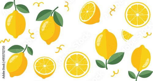 Lemon fruit collection with whole lemons slices leaves fresh citrus food vector illustration set