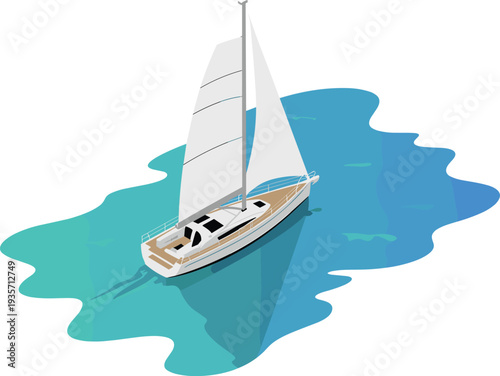 Isometric sailing yacht illustration cruising on calm ocean water with open sails nautical travel sea adventure concept