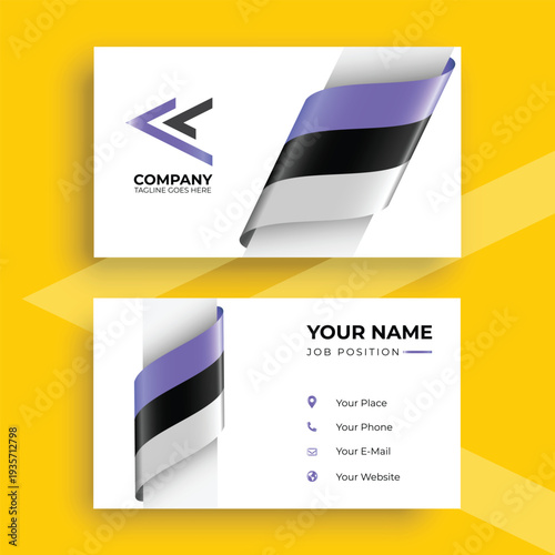 Modern business card template with 3D abstract purple and black ribbon design for creative professional branding