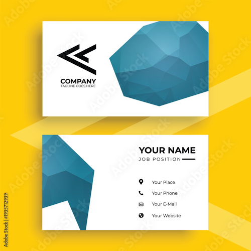 Modern professional business card template with blue polygon geometric design and clean corporate layout