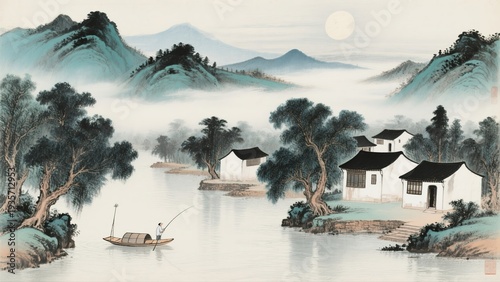 Traditional Chinese landscape painting featuring misty mountains, a calm river, a fishing boat, and rural houses.