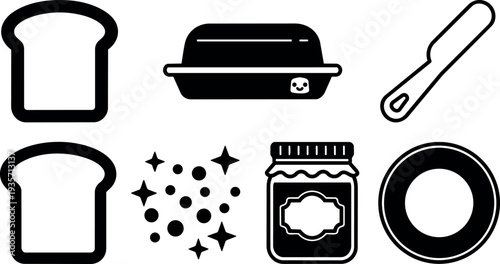 Minimalist icon set close up breakfast spread two toast slices butter knife jam jar plate sparkles flat vector black white