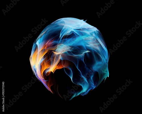 Abstract Glowing Orb Sphere With Blue Orange Fiery Energy Particles Swirling In Dark Black Background Digital Art