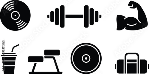 Minimalist gym and fitness icon set with barbell, dumbbell, weight plate, bench press, muscle arm and gym bag