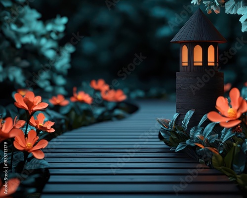 Storybook path lined with glowing flowers leading to enchanted tower