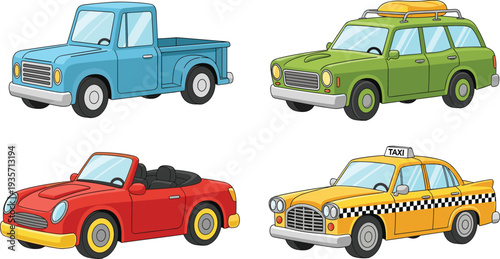 Cartoon Car Vehicle Illustration Set Featuring Pickup Truck Convertible Taxi and Family Wagon Transportation Design.