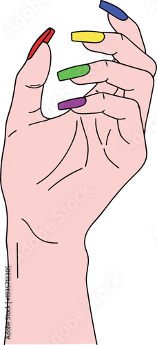Female hand with long rainbow colored fingernails vector illustration for pride month beauty salon and professional manicure concept