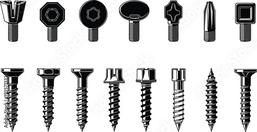 Black silhouette vector illustration of assorted screw heads and threaded screws including Phillips, hex, Torx, square, oval, and slotted designs