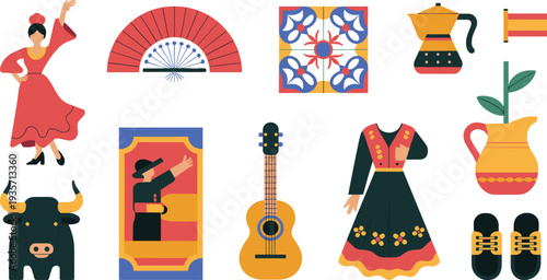 Spanish culture icon collection with flamenco dancer, guitar, bull, fan, traditional dress and Spain cultural symbols illustration