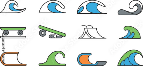 Surf wave and skate ramp icon collection with ocean waves, skateboard ramps and extreme sports minimal line illustration