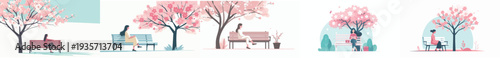 vector woman sitting on a park bench under a pink cherry blossom tree