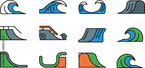 Surf wave and skate ramp icon set with ocean waves, skatepark ramps and extreme sports elements minimal line illustration