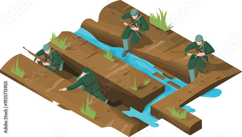 World War trench battle isometric illustration with soldiers and rifles in battlefield trenches military combat strategy scene