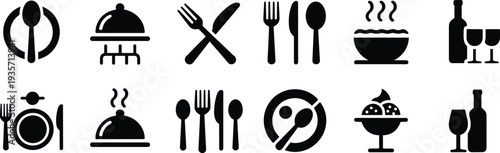 Restaurant dining icons set with cutlery plate cloche soup bowl wine bottle food service symbols illustration
