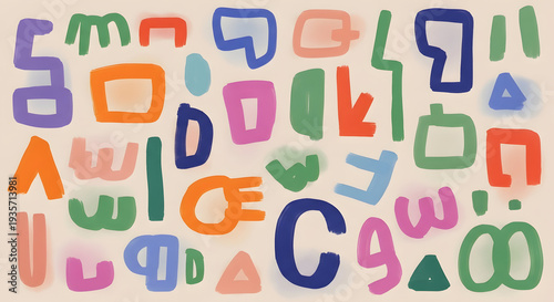 Vibrant colorful alphabet letters and shapes composition