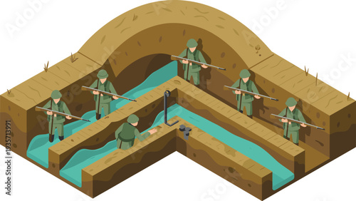 World War trench warfare isometric battlefield illustration with soldiers and rifles in defensive trenches military history strategy concept