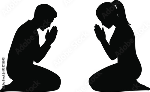 Praying man and woman silhouettes kneeling with hands together spiritual prayer faith worship meditation isolated illustration on white background