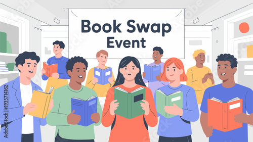 Diverse group of people exchanging books at a community book swap event in a modern library or bookstore interior with colorful atmosphere