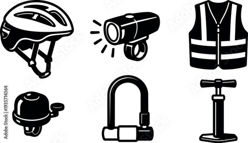 Line art icon set of bicycle safety gear helmet light vest bell lock pump arranged in flat bold composition layout
