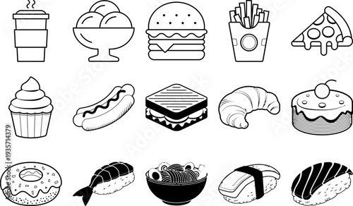 Collection of various food and drink icons in black and white line art.