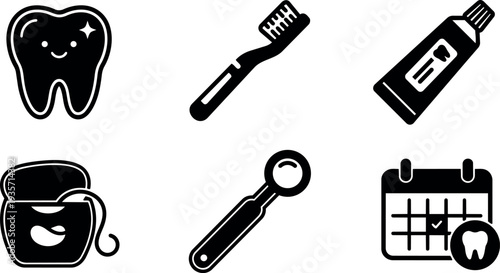 Flat design close up tooth and dental tools toothbrush toothpaste floss mirror calendar appointment vector icon set clean minimal medical