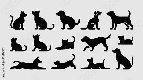 Collection of various dog and cat silhouettes in different poses on gray background