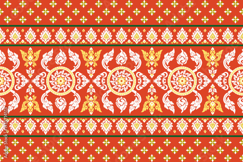 seamless pattern traditional Thai art Lai Thai Kranok gold white motifs floral elements burgundy background typical unique cultural heritage Southeast Asian symmetrical arrangement textile silk 