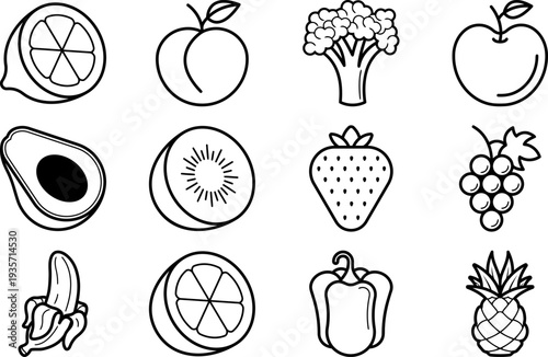 Collection of various hand drawn fruits and vegetables illustrations.