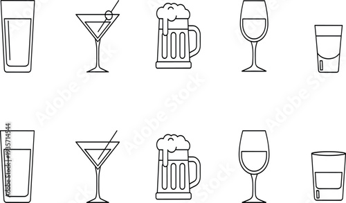 Alcohol drink glass icons set including cocktail martini beer mug wine glass and whiskey tumbler outline vector illustration
