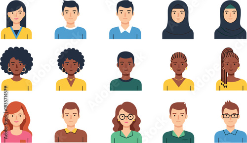 Diverse People Avatar Icon Set with Men and Women Characters Different Ethnicities Hairstyles and Faces Flat Vector Profile Illustration Collection.