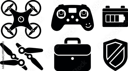 Flat design quadcopter icon set with controller battery spare propellers briefcase and shield simple black silhouette collection minimal modern vector