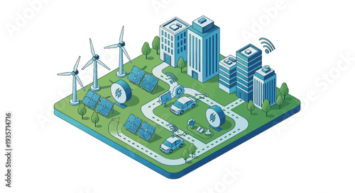 Isometric illustration of a green tech city with renewable technology, featuring wind turbines, solar panels, and eco-friendly buildings on a green landscape with a white road network