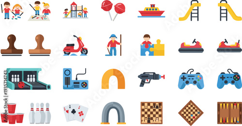 Kids Playground and Game Activity Icon Set Featuring Children Play Bowling Cards Chess Game Controller Slide and Toy Elements.