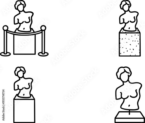 Four different views of a female bust sculpture on display.