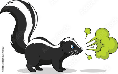 Playful flat vector illustration of a black and white skunk spraying a green cloud of smelly odor
