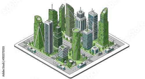 Isometric illustration of a green tech cityscape with sleek skyscrapers and eco-friendly architecture on a white background