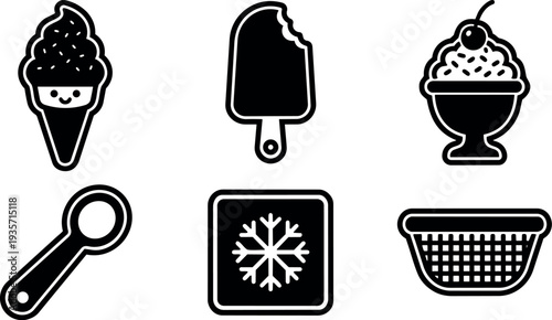 Minimalist icon set close up six black and white ice cream icons cone popsicle sundae scoop freezer basket top view