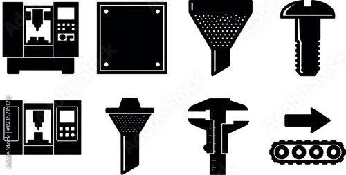 Industrial vector flat design cnc milling machine funnel screw caliper and conveyor icons set in black silhouette close up front