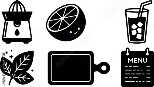 Flat design monochrome beverage icon set with juicer smiling orange half mint leaves glass cutting board menu board side view