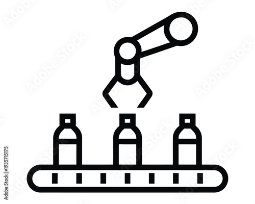 Robotic arm operates on bottles moving along a factory production line.