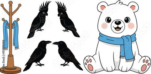 Cute Polar Bear with Scarf, Black Crow and Cockatoo Bird Silhouettes, and Wooden Coat Rack Stand Vector Illustration Set for Winter Designs