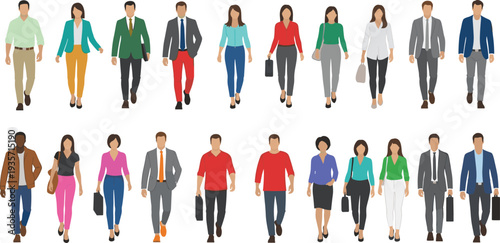 Vector set of diverse business people and professionals walking in stylish office attire and casual work clothes isolated on a white background.