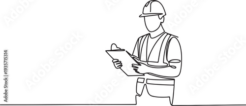 Building Construction worker holding clip board.one line vector illustration with white background