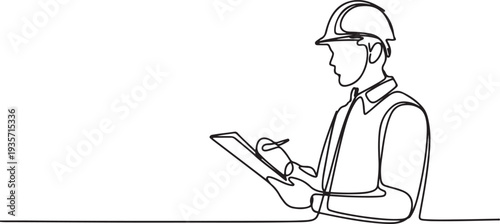 Building Construction worker holding clip board.one line vector illustration with white background