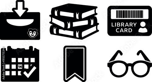 Flat design stack of books library card calendar reservation bookmark reading glasses envelope checkout icon set black vector bold silhouette